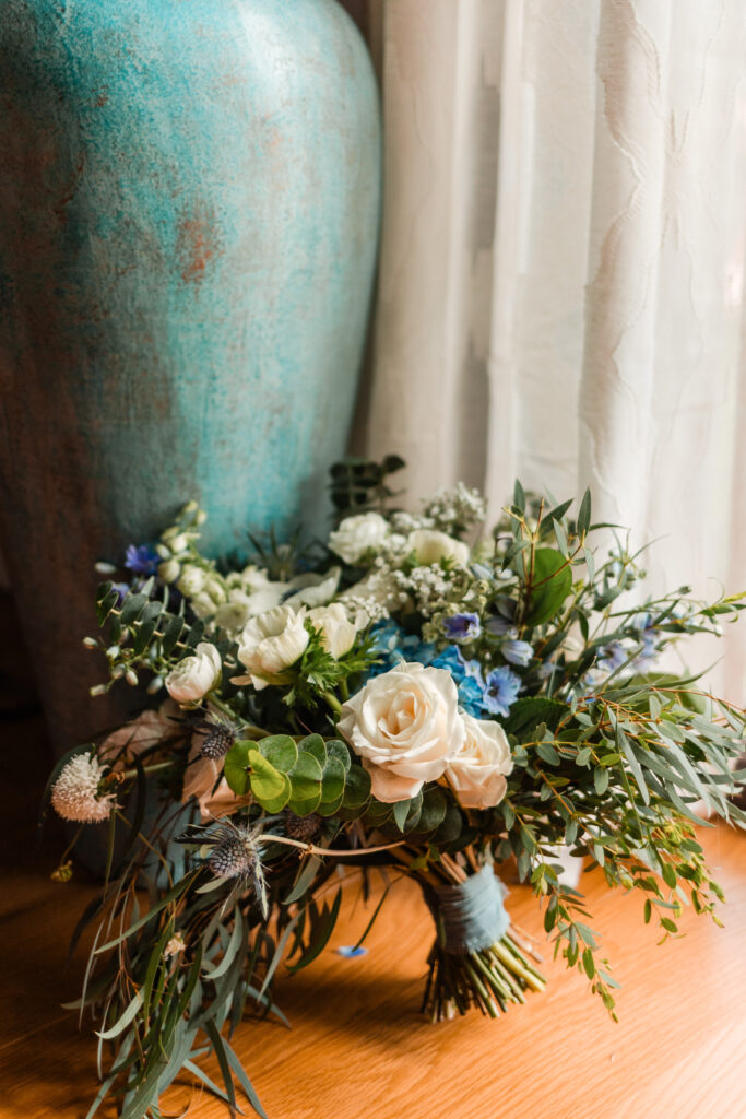 blue and white wedding florals