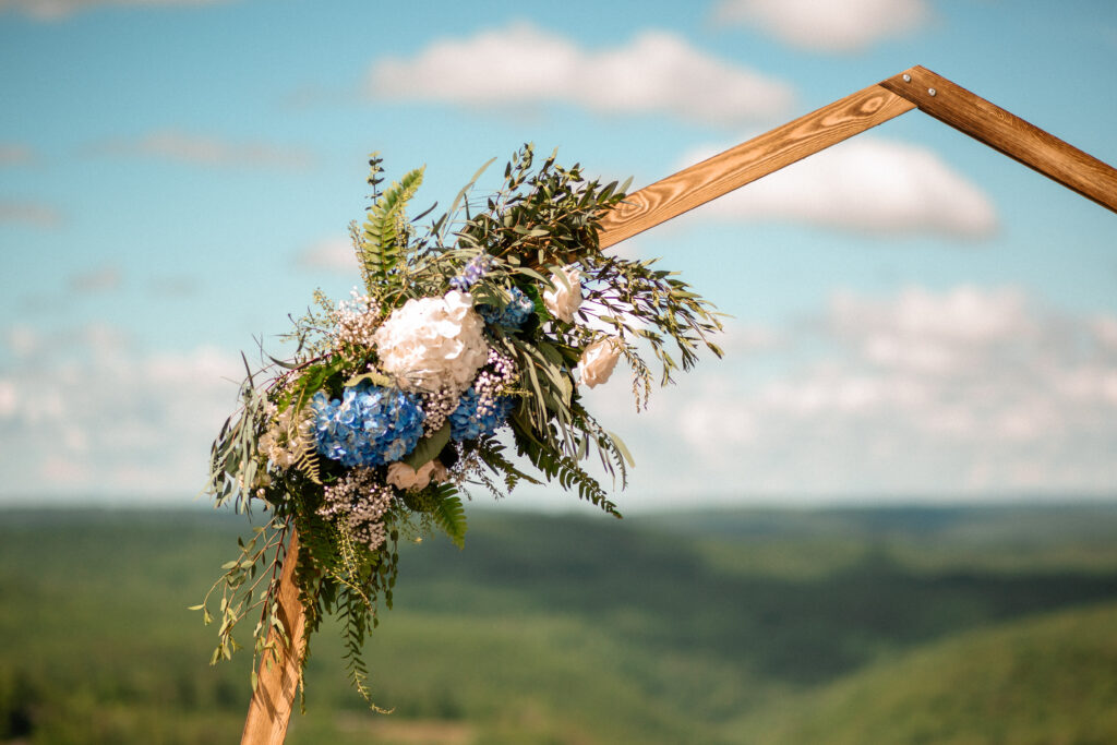 blue and white wedding arbor