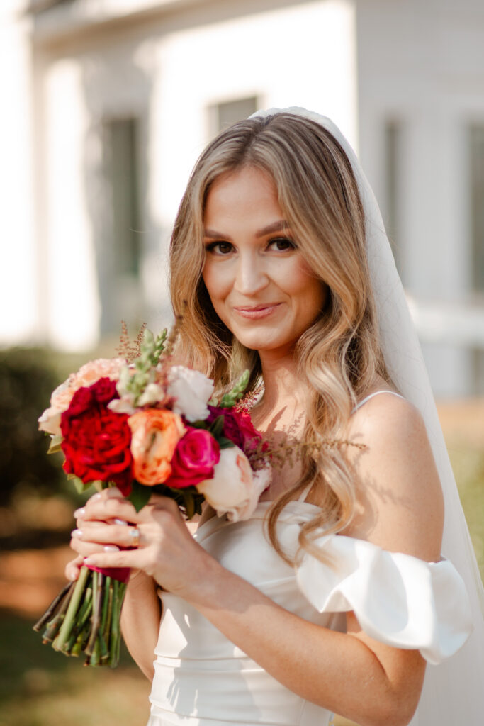 red orange and pink floral bridal bouqut